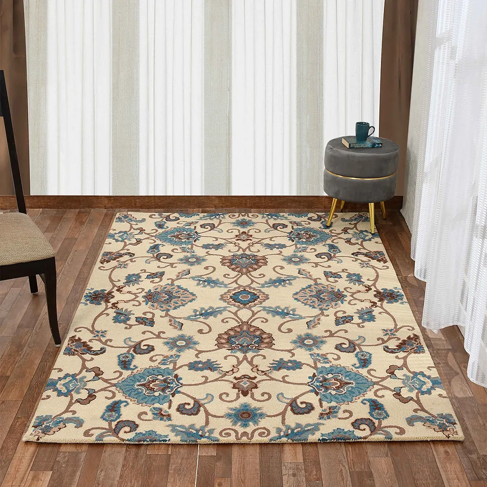Blue & Cream Traditional Print Hand Tufted Wool Carpet for Living Room 4X6