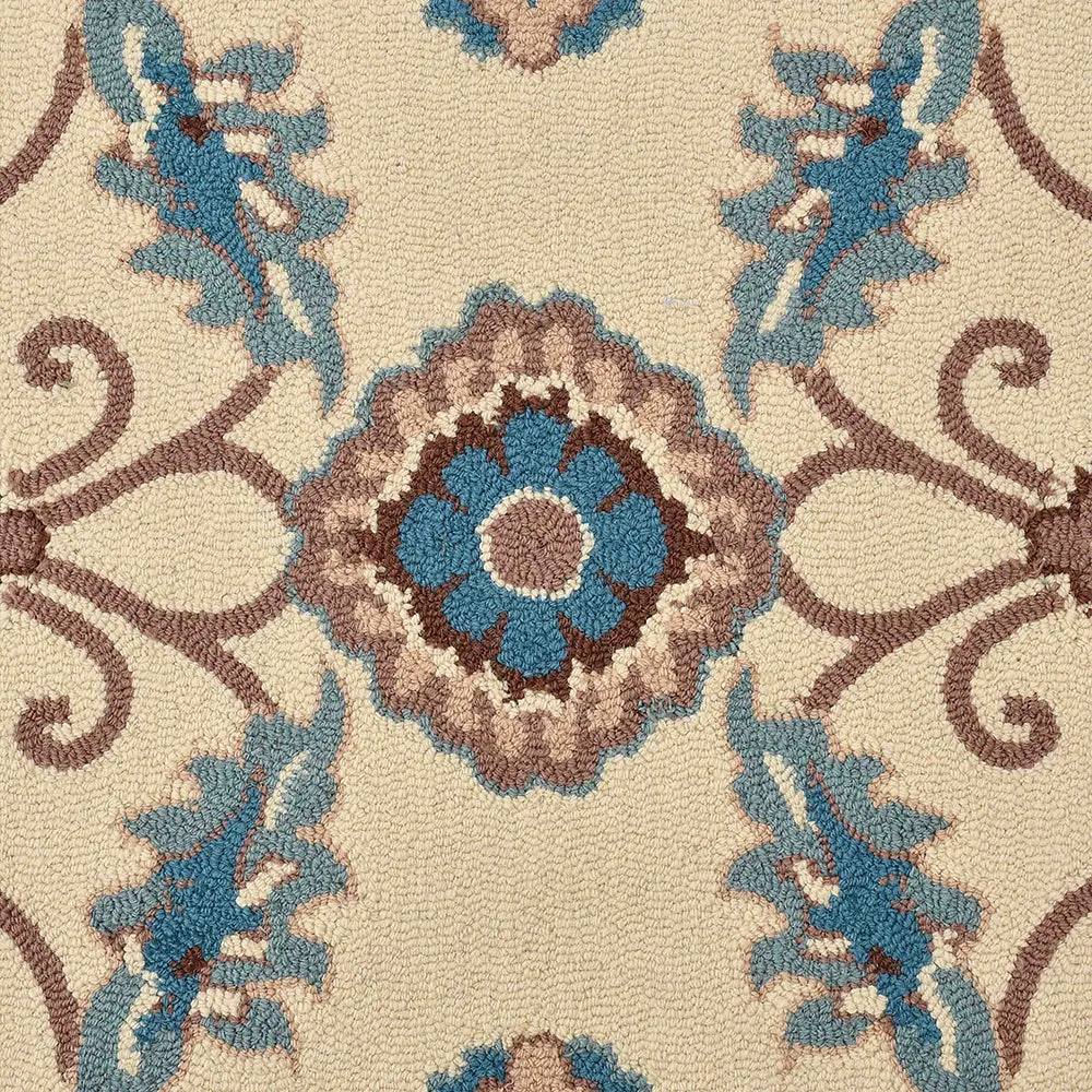 Blue & Cream Traditional Print Hand Tufted Wool Carpet for Living Room 4X6