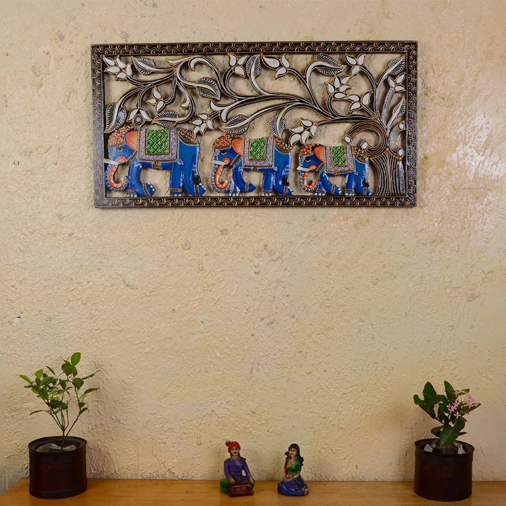 Blue Elephants Painted & Crafted Wooden Wall Panel
