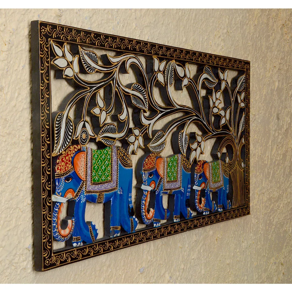 Blue Elephants Painted & Crafted Wooden Wall Panel