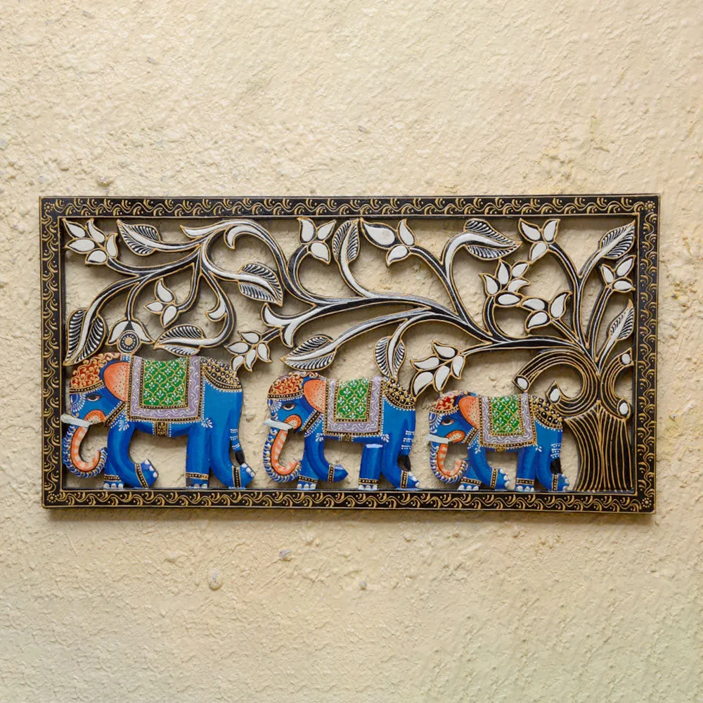 Blue Elephants Painted & Crafted Wooden Wall Panel