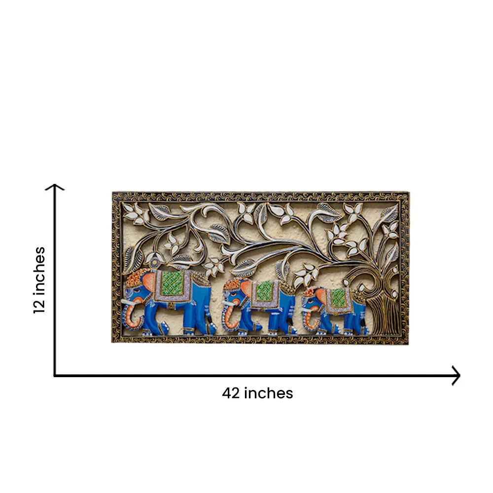 Blue Elephants Painted & Crafted Wooden Wall Panel