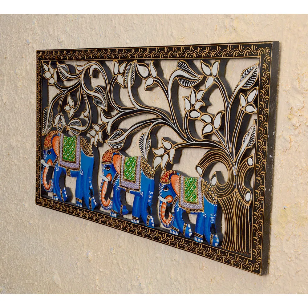 Blue Elephants Painted & Crafted Wooden Wall Panel