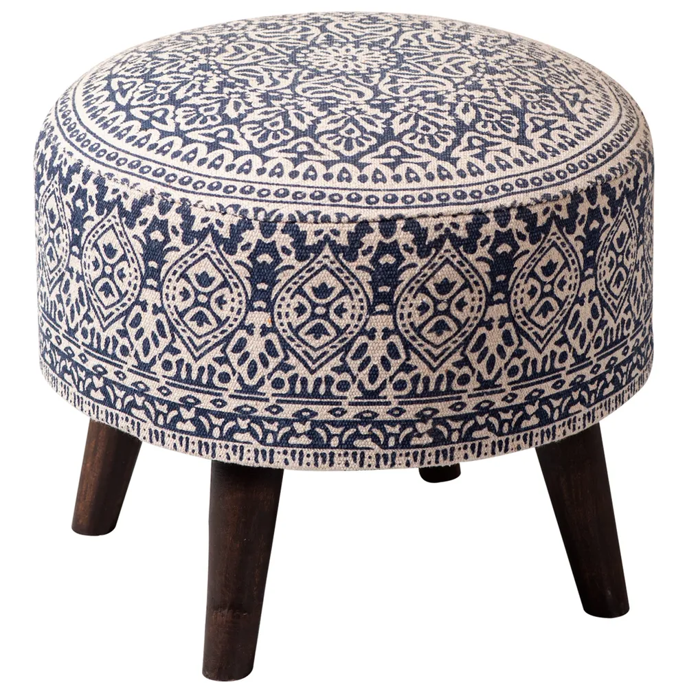 Blue Ethnic Print Round Upholstered Ottoman Wood Stool