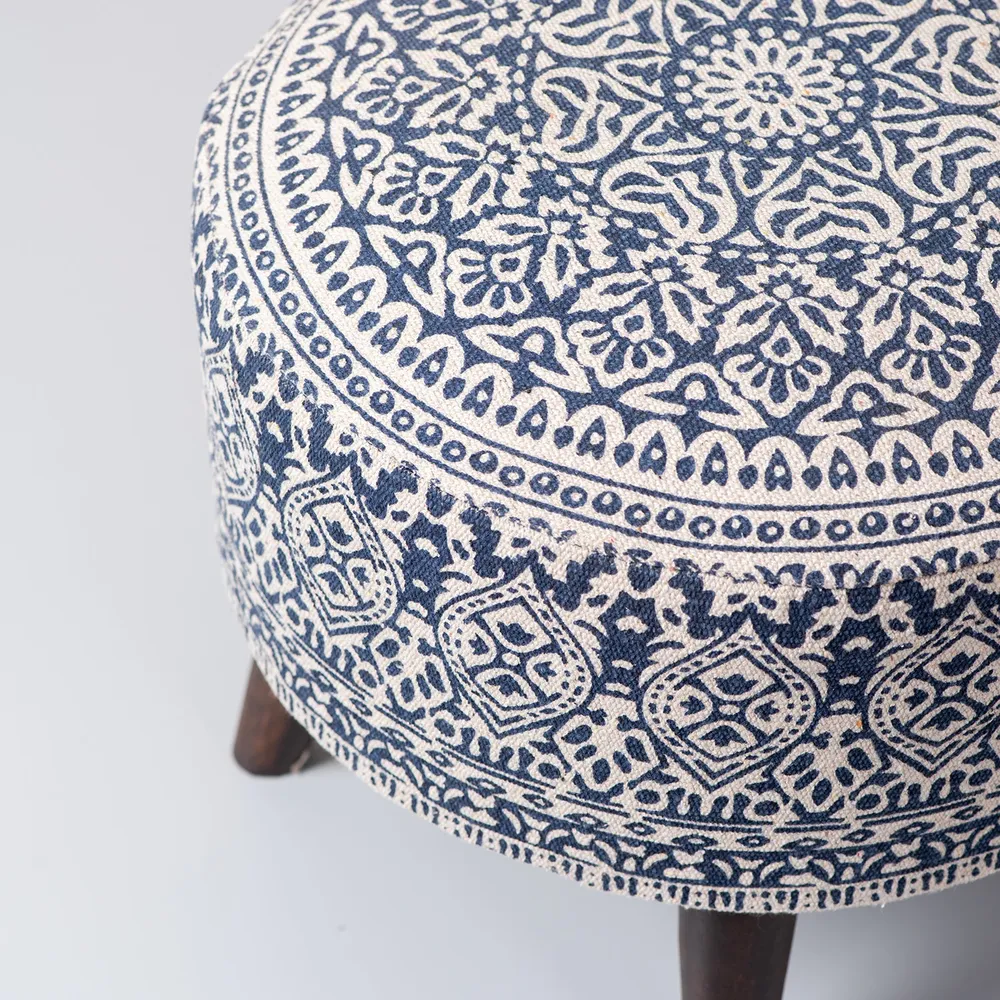 Blue Ethnic Print Round Upholstered Ottoman Wood Stool