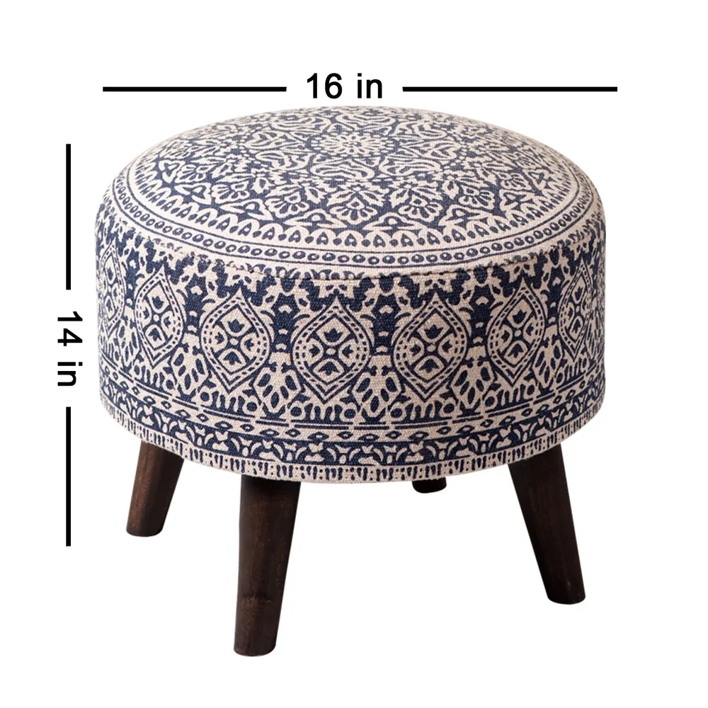 Blue Ethnic Print Round Upholstered Ottoman Wood Stool