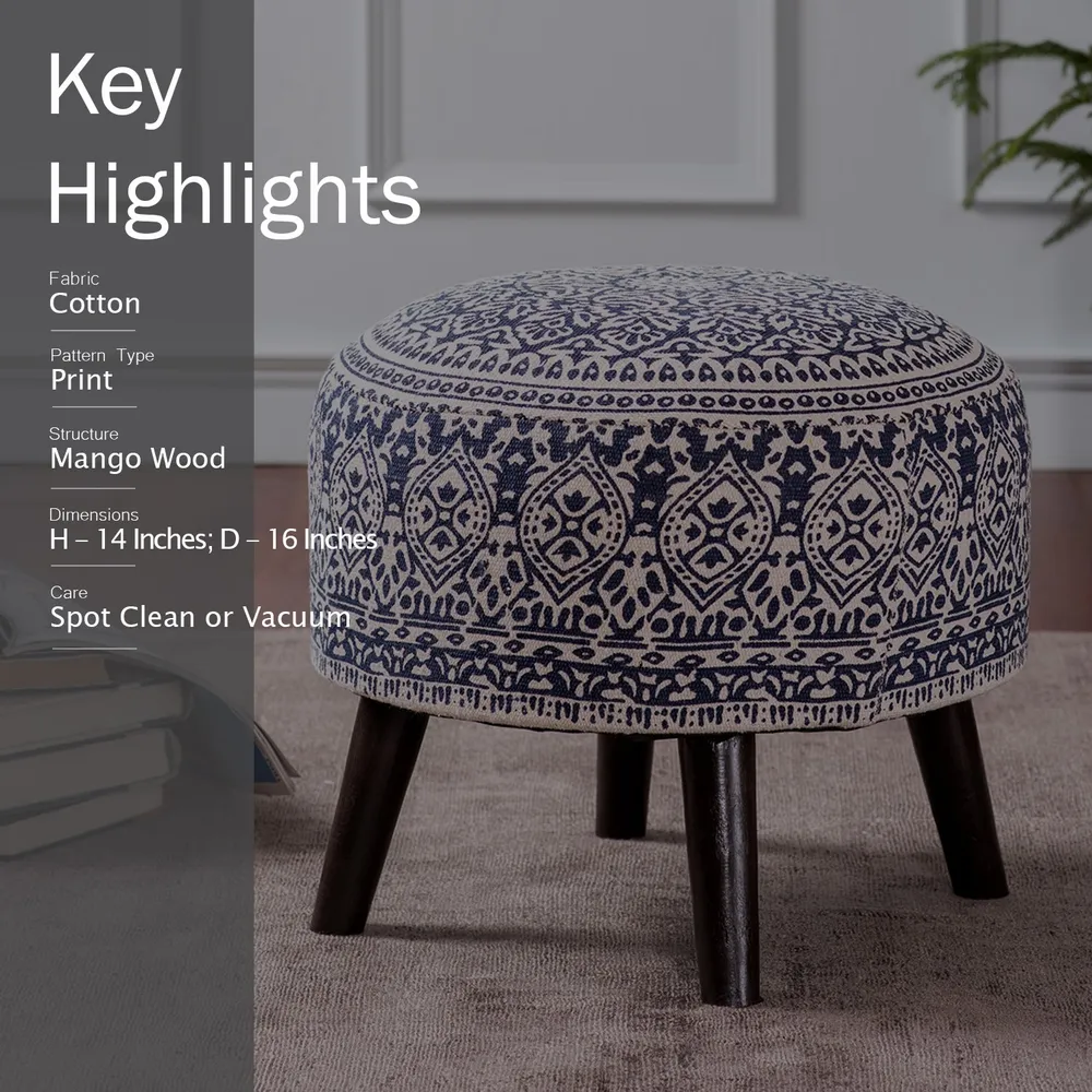Blue Ethnic Print Round Upholstered Ottoman Wood Stool