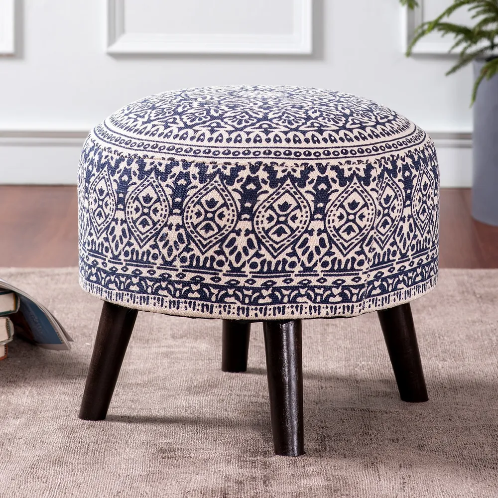 Blue Ethnic Print Round Upholstered Ottoman Wood Stool