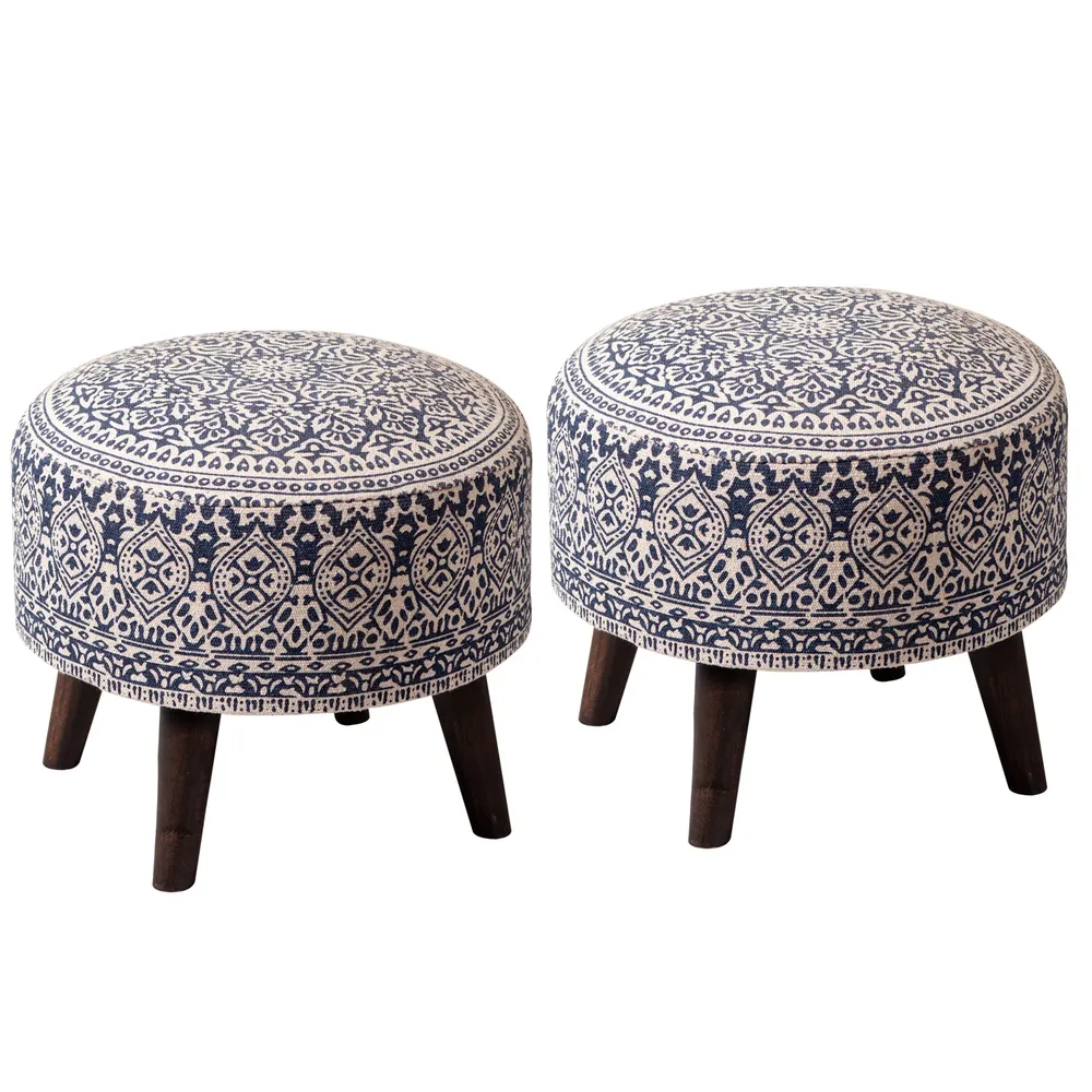 Blue Ethnic Print Round Upholstered Ottoman Wood Stool Set Of 2