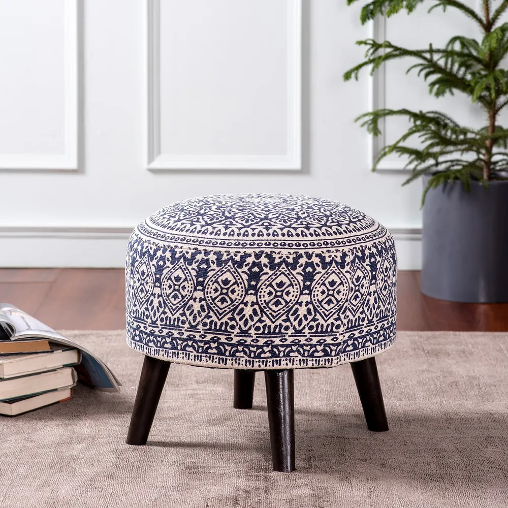 Blue Ethnic Print Round Upholstered Ottoman Wood Stool Set Of 2