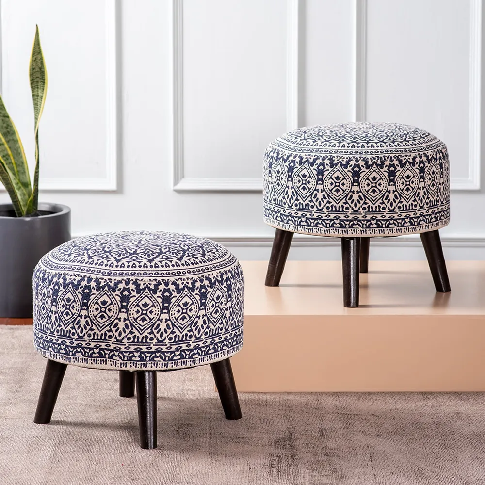 Blue Ethnic Print Round Upholstered Ottoman Wood Stool Set Of 2
