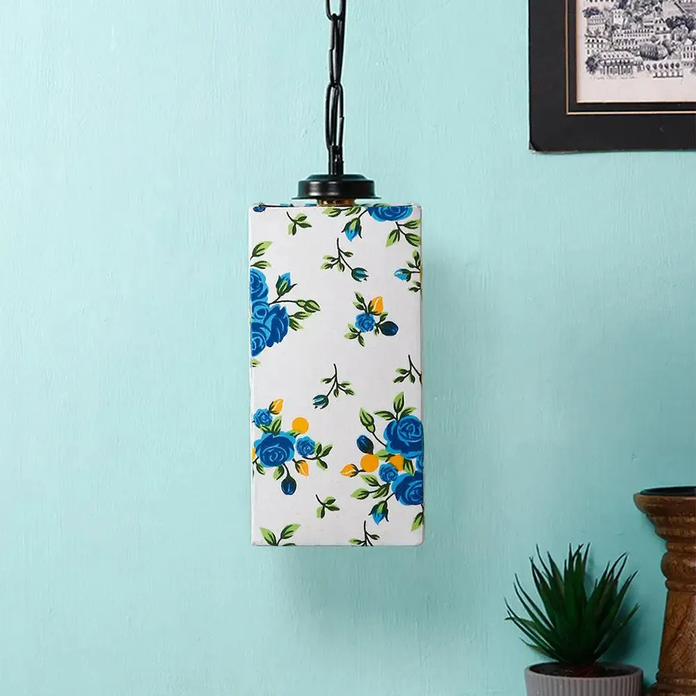 Blue Floral Cotton Square Hanging Lamp