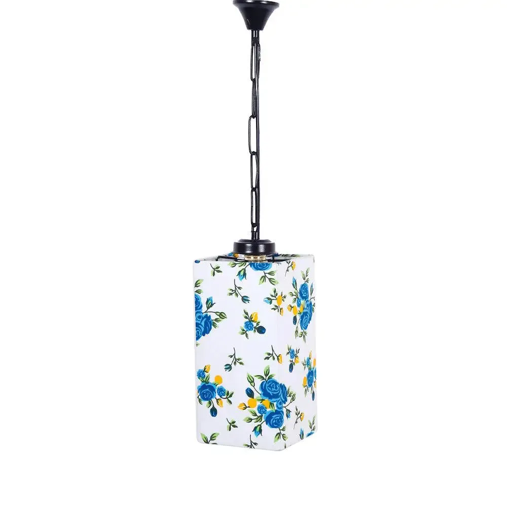Blue Floral Cotton Square Hanging Lamp