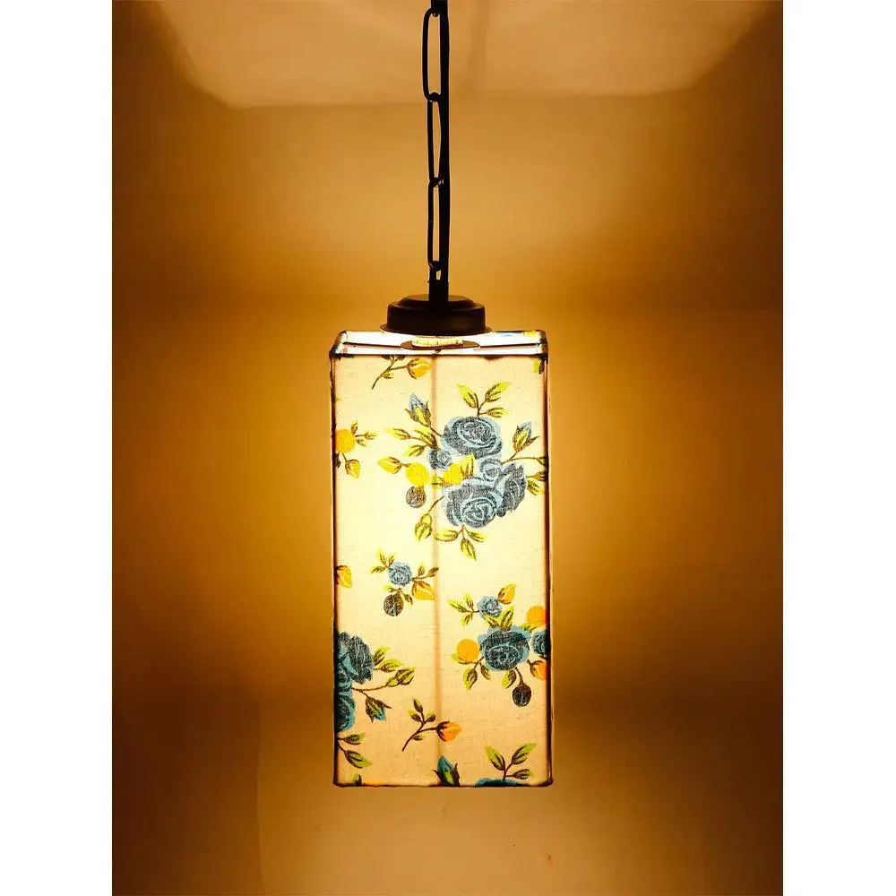 Blue Floral Cotton Square Hanging Lamp