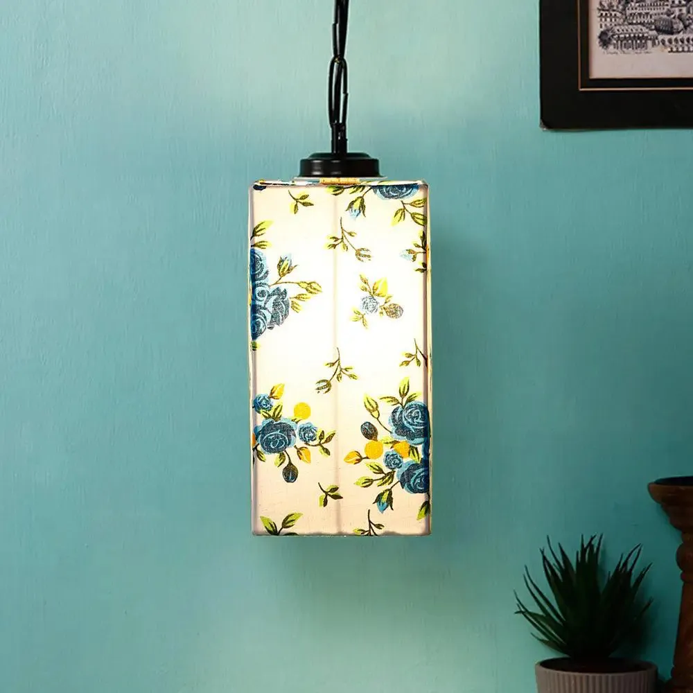 Blue Floral Cotton Square Hanging Lamp