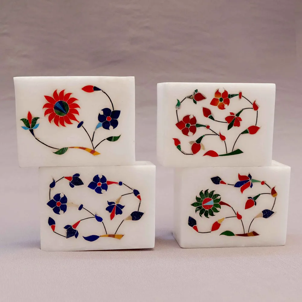 Blue Floral Printed White Base Marble Pen Stand