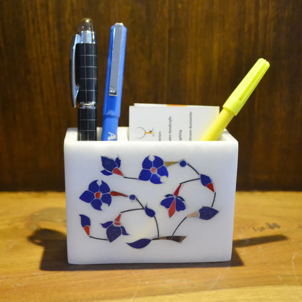 Blue Floral Printed White Base Marble Pen Stand