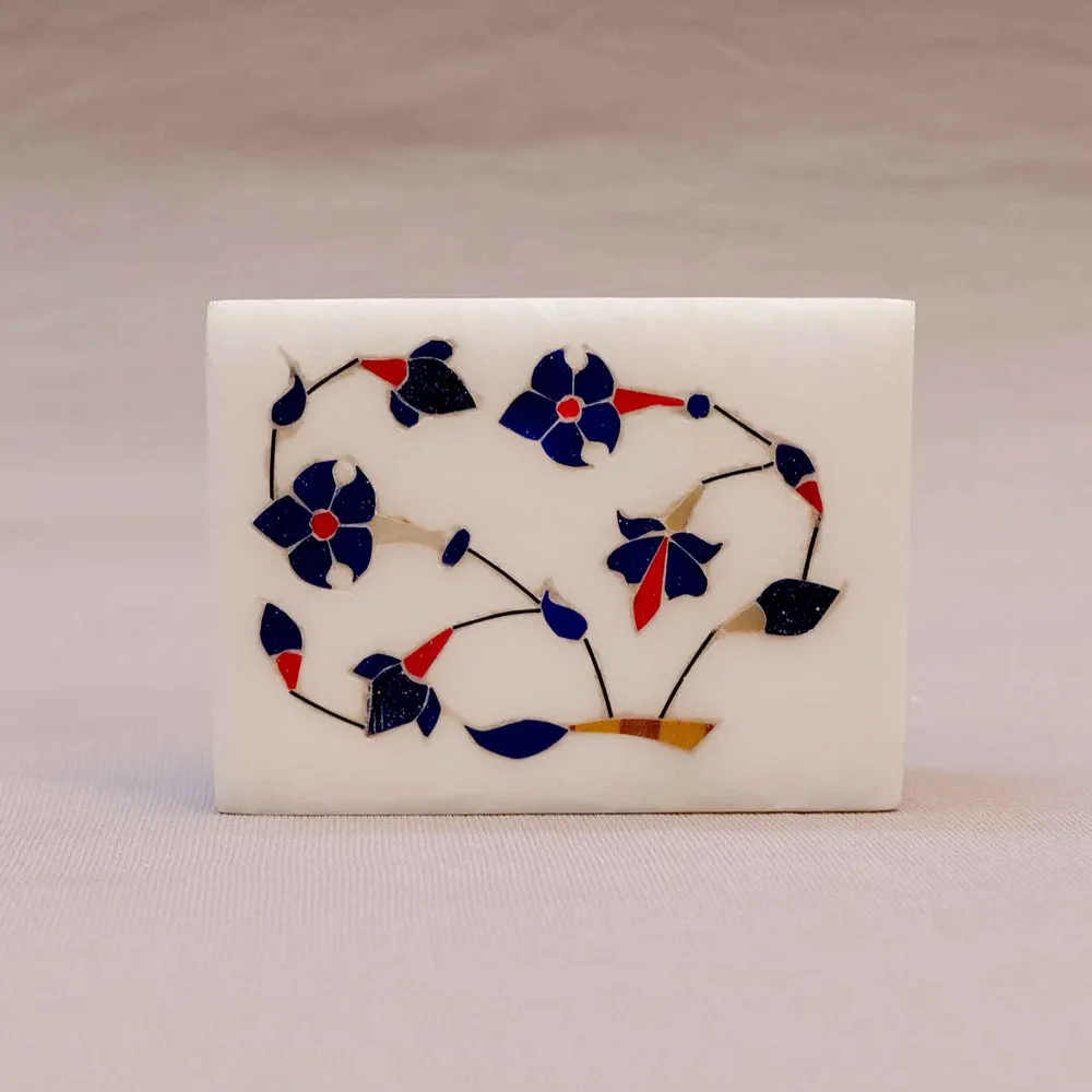 Blue Floral Printed White Base Marble Pen Stand