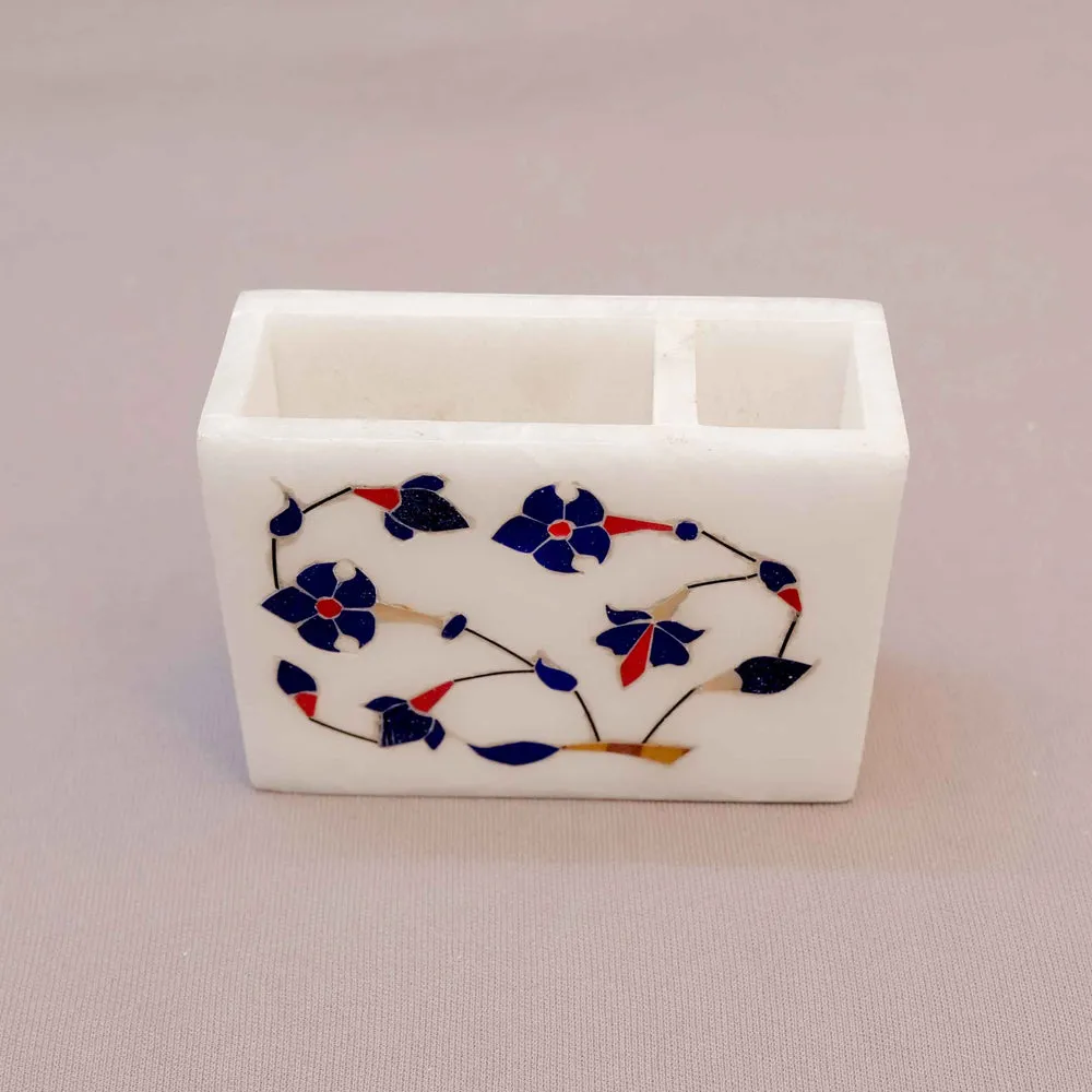 Blue Floral Printed White Base Marble Pen Stand