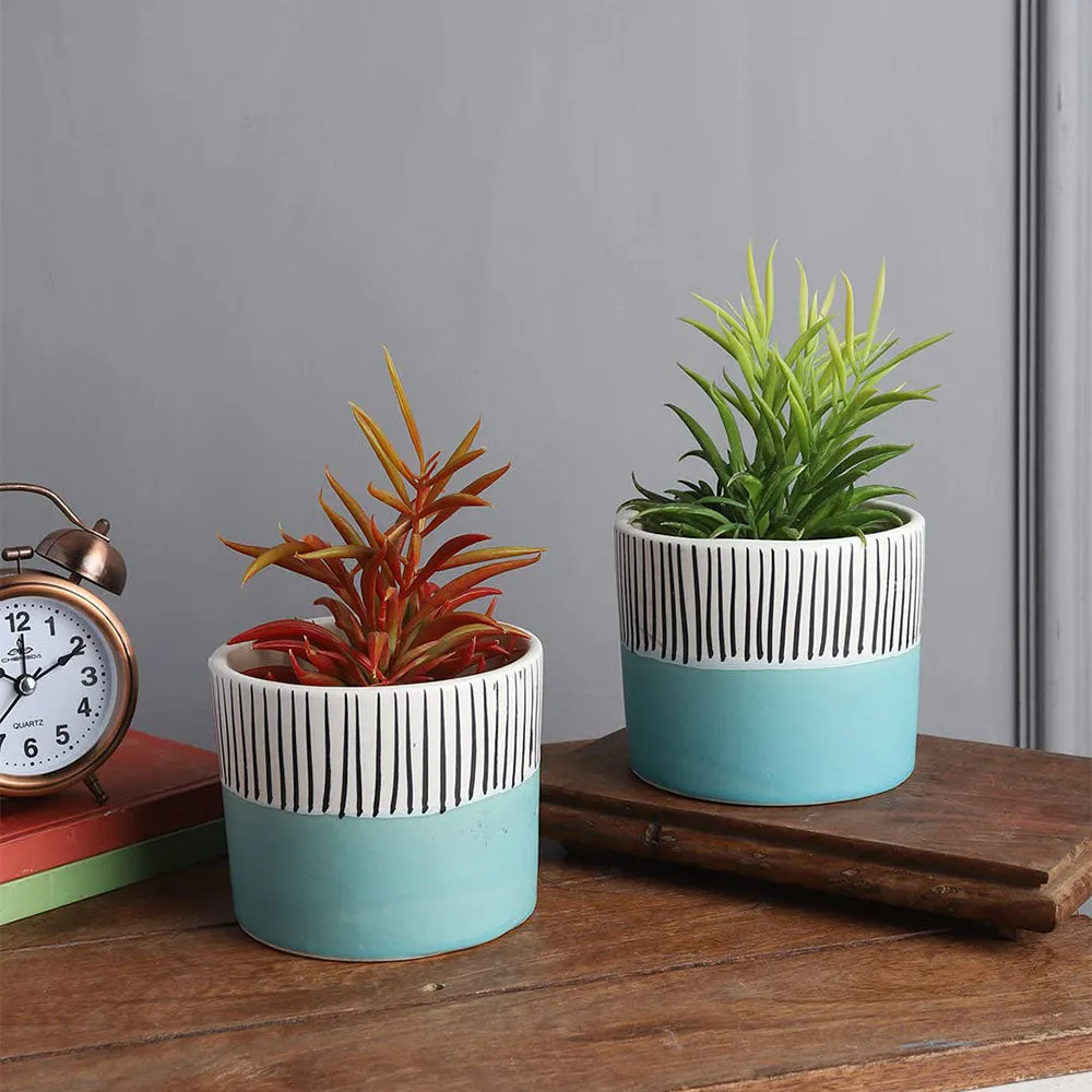 Blue Flower Vase With Stripes Plant Pot Set Of 2
