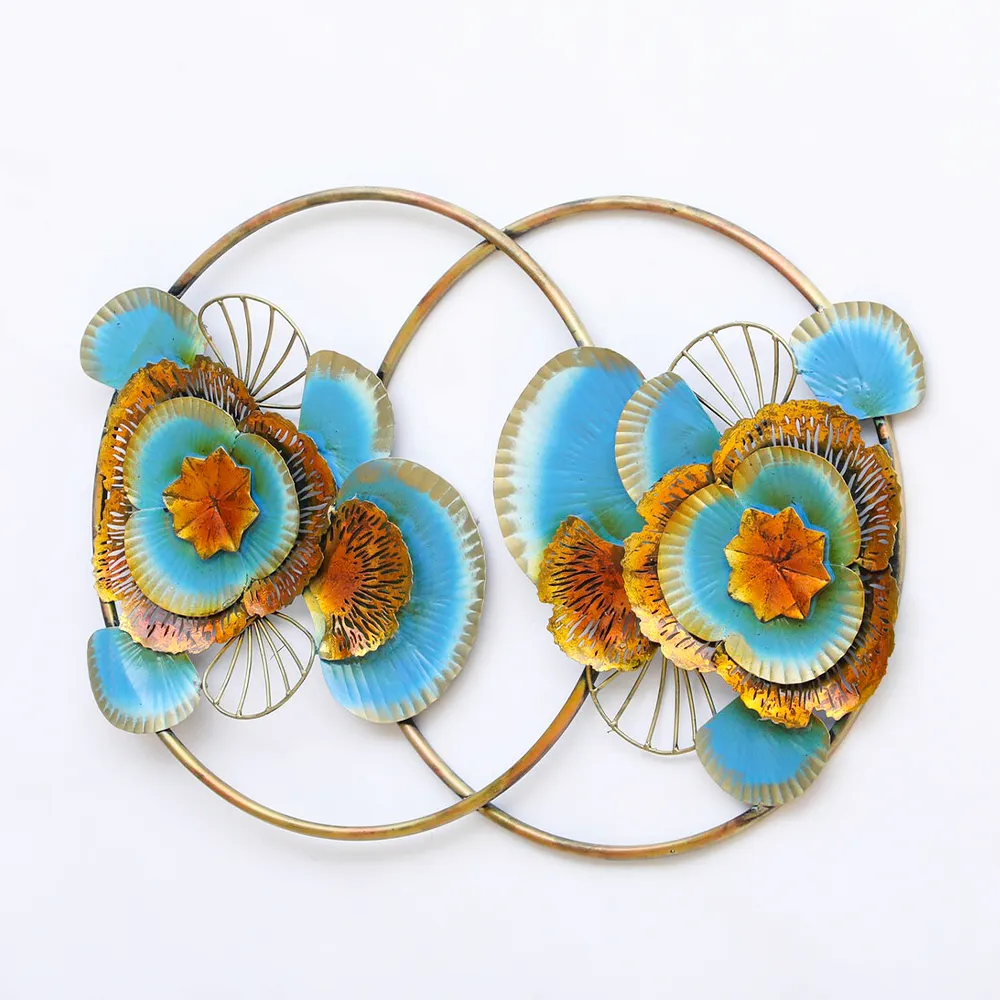 Blue Flowers On Golden Rings Metal Wall Art