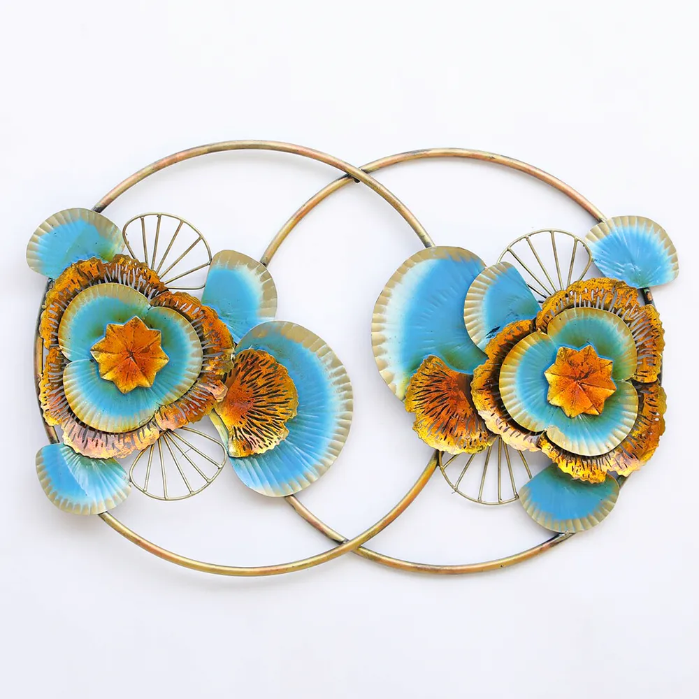 Blue Flowers On Golden Rings Metal Wall Art