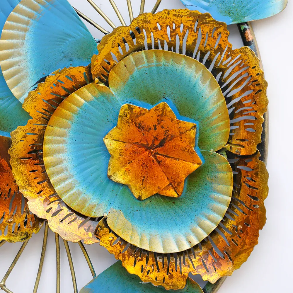 Blue Flowers On Golden Rings Metal Wall Art