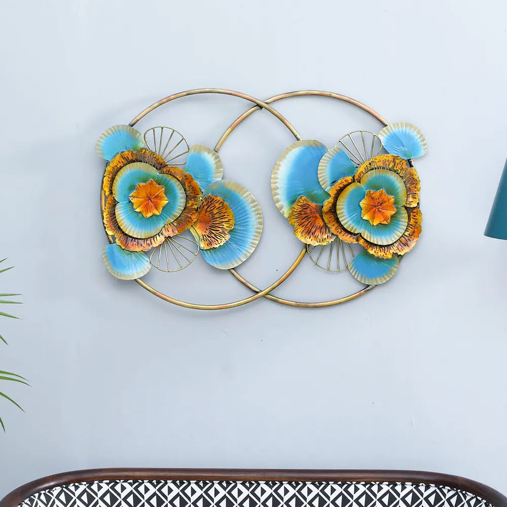 Blue Flowers On Golden Rings Metal Wall Art