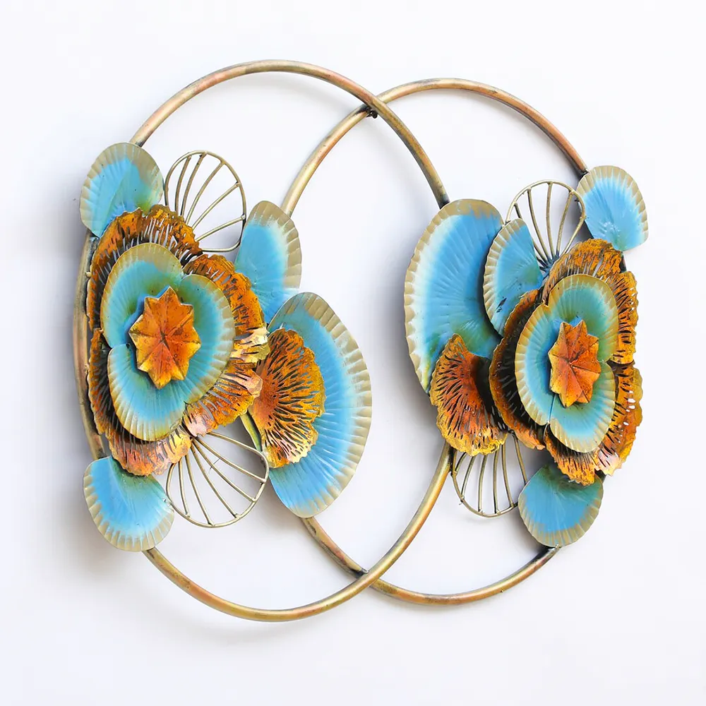 Blue Flowers On Golden Rings Metal Wall Art