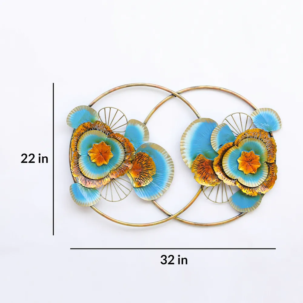 Blue Flowers On Golden Rings Metal Wall Art