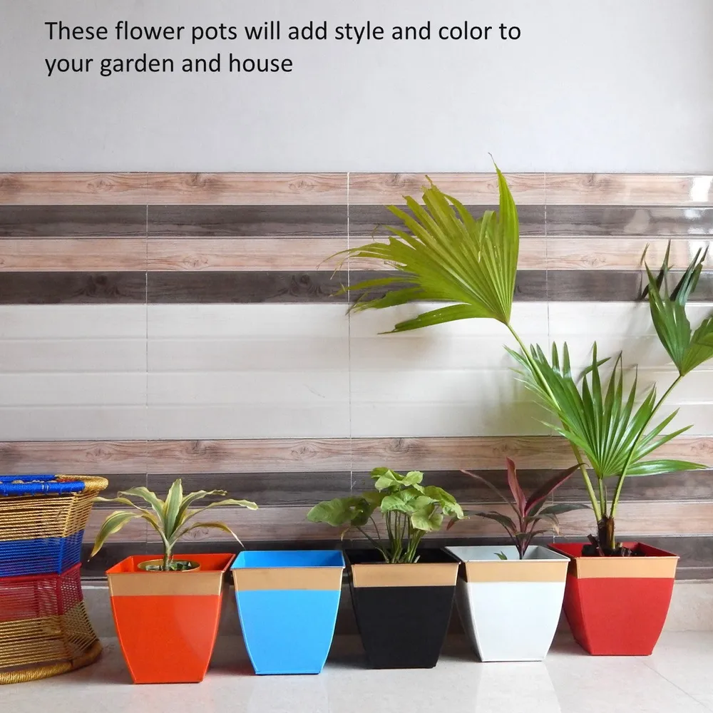 Blue & Golden 8 Inches Metal Tapered Plant Pot Set Of 2