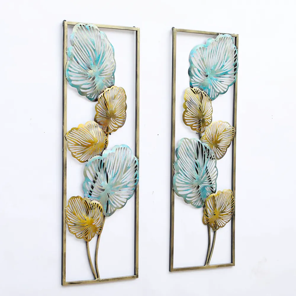 Blue & Golden Framed Leaves Metal Wall Art Set Of 2
