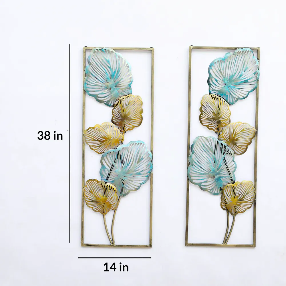 Blue & Golden Framed Leaves Metal Wall Art Set Of 2