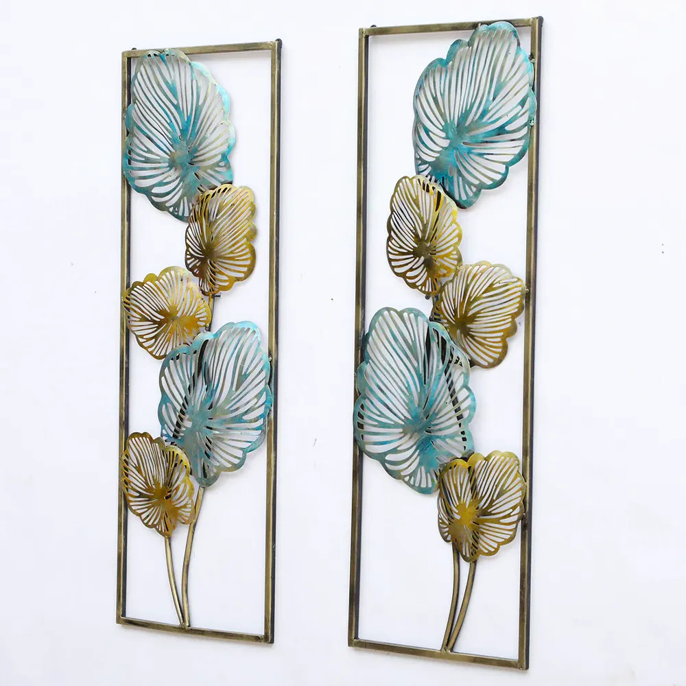 Blue & Golden Framed Leaves Metal Wall Art Set Of 2