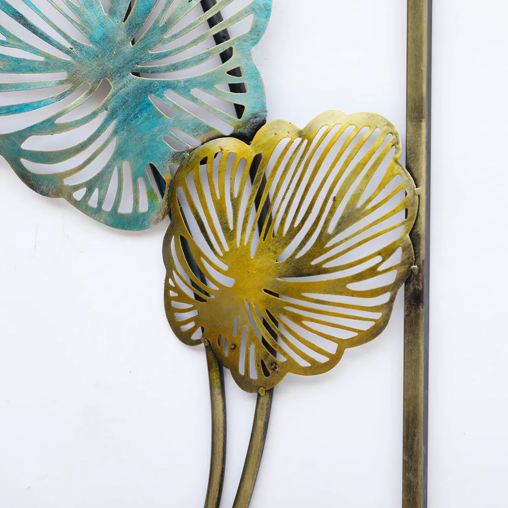 Blue & Golden Framed Leaves Metal Wall Art Set Of 2
