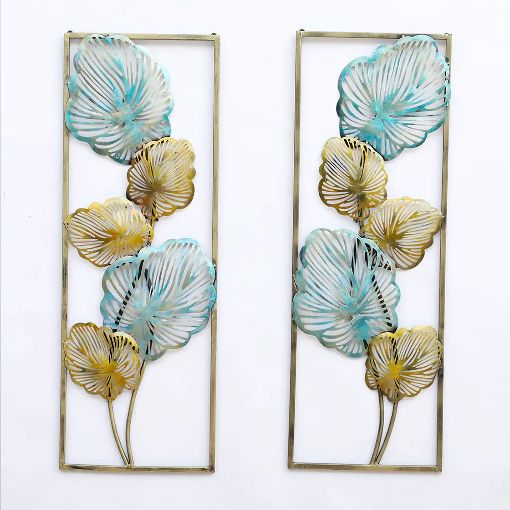 Blue & Golden Framed Leaves Metal Wall Art Set Of 2