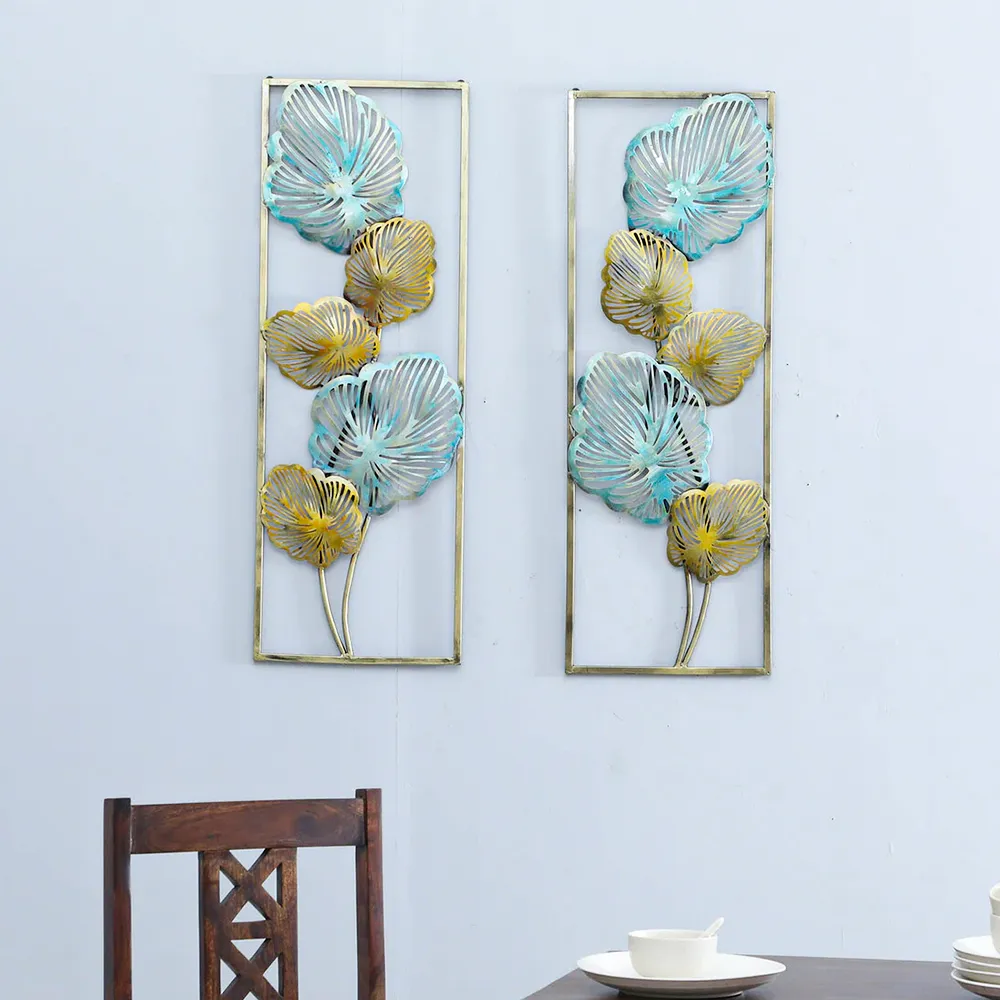 Blue & Golden Framed Leaves Metal Wall Art Set Of 2