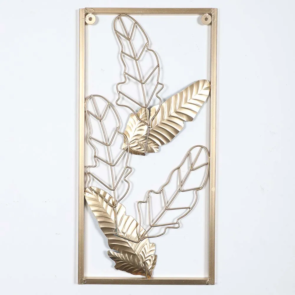 Blue & Golden Leaves Crafted Rectangular Decorative Metal Wall Art