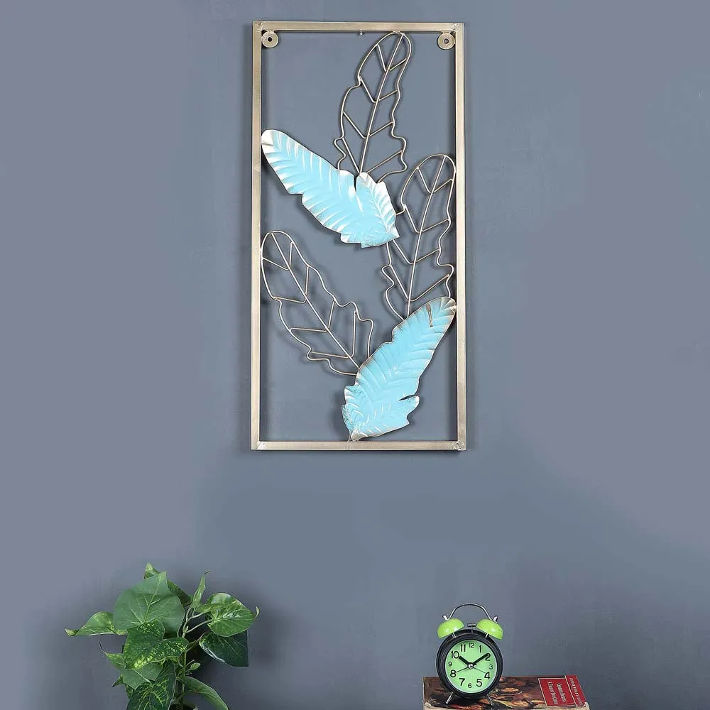 Blue & Golden Leaves Crafted Rectangular Decorative Metal Wall Art