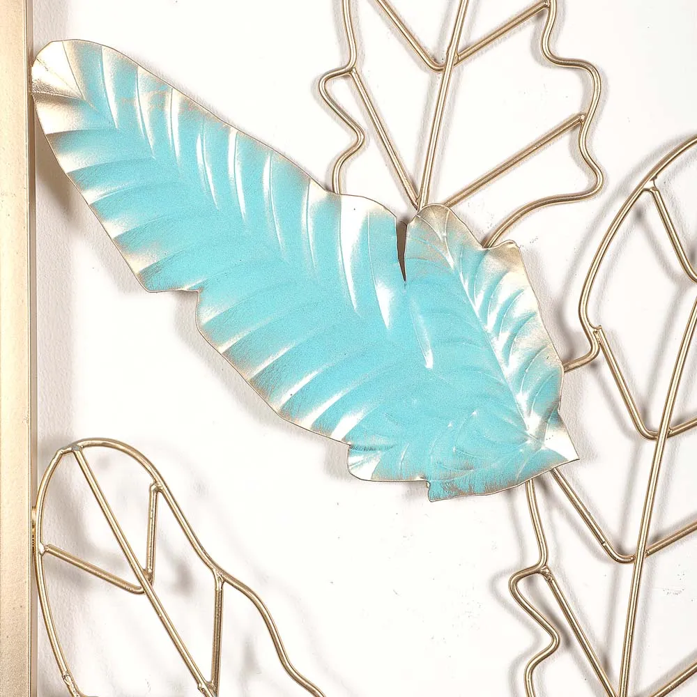 Blue & Golden Leaves Crafted Rectangular Decorative Metal Wall Art