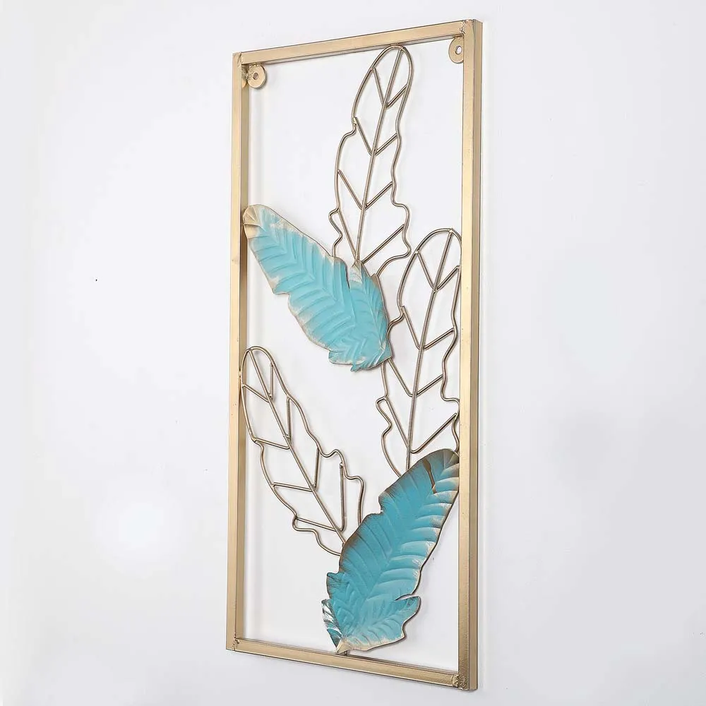 Blue & Golden Leaves Crafted Rectangular Decorative Metal Wall Art