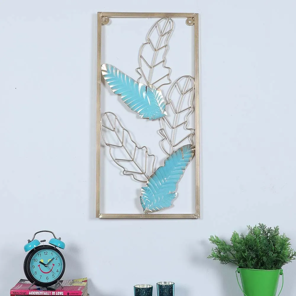 Blue & Golden Leaves Crafted Rectangular Decorative Metal Wall Art