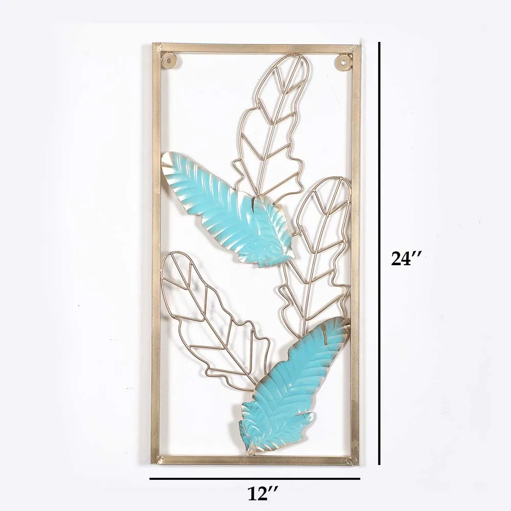 Blue & Golden Leaves Crafted Rectangular Decorative Metal Wall Art