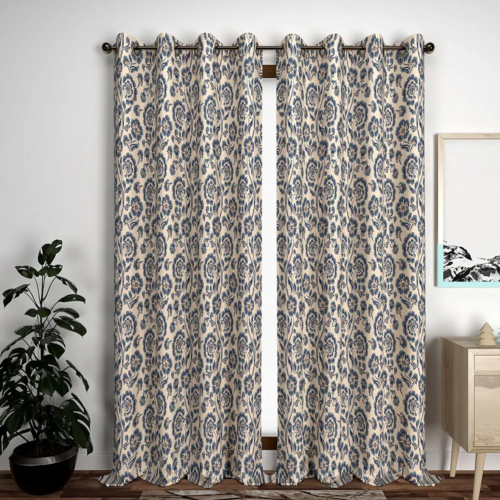 Blue Graceful Floral Designer Window Curtain