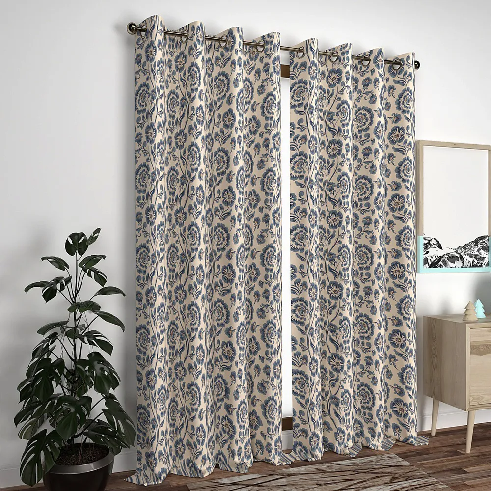Blue Graceful Floral Designer Window Curtain