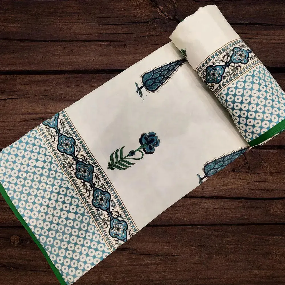 Blue & Green Traditional Designer Hand Block Printed Single Bed Cotton Dohar