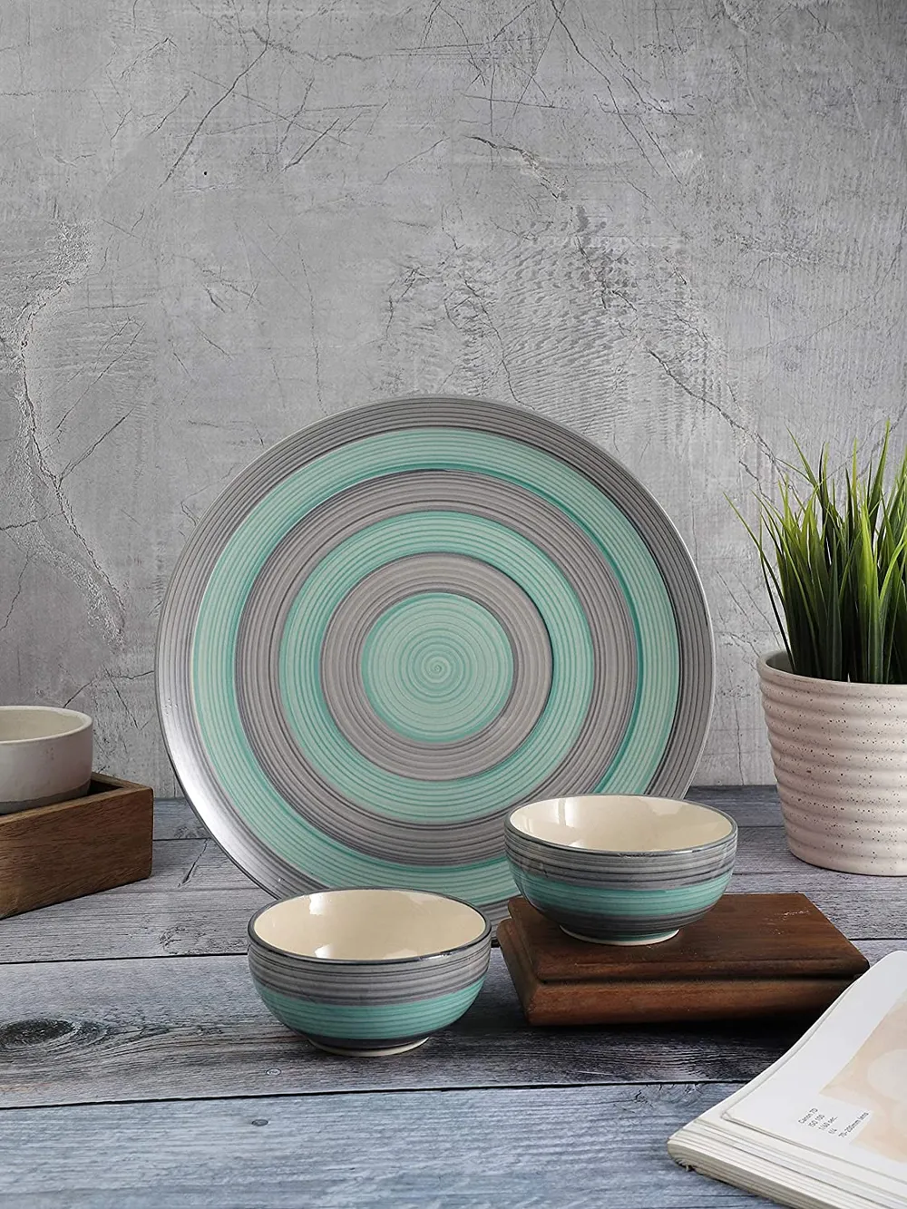 Blue & Grey Dinner Plate With Single Serving Bowl Dinnerware Set