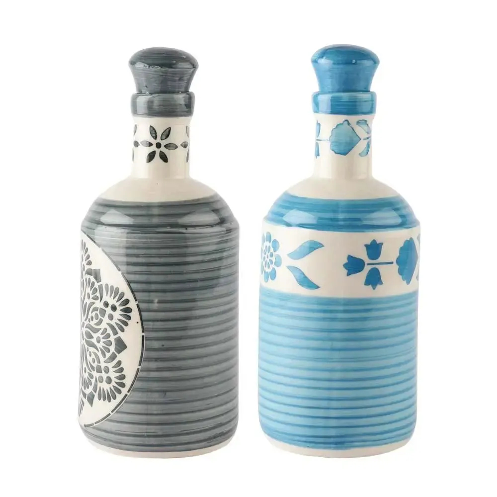 Blue & Grey Floral Handpainted Ceramic Oil Dispenser Set Of 2