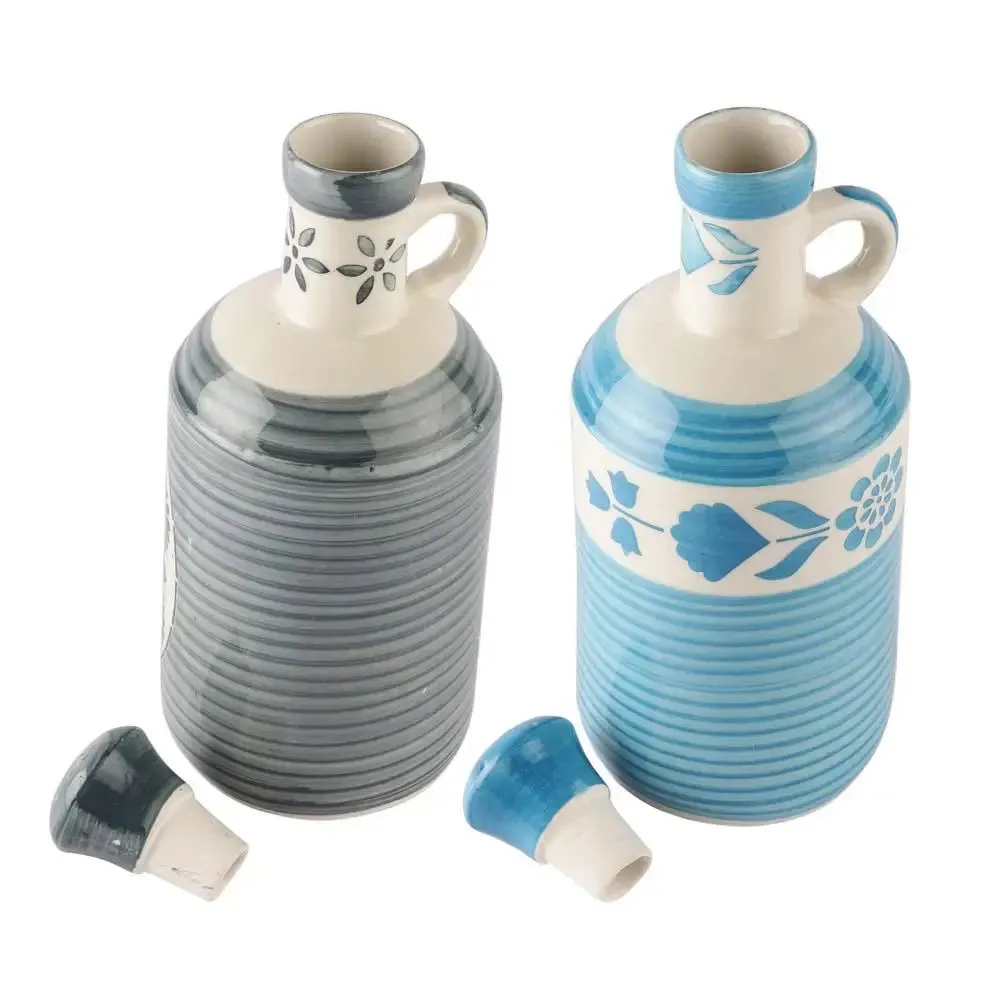 Blue & Grey Floral Handpainted Ceramic Oil Dispenser Set Of 2