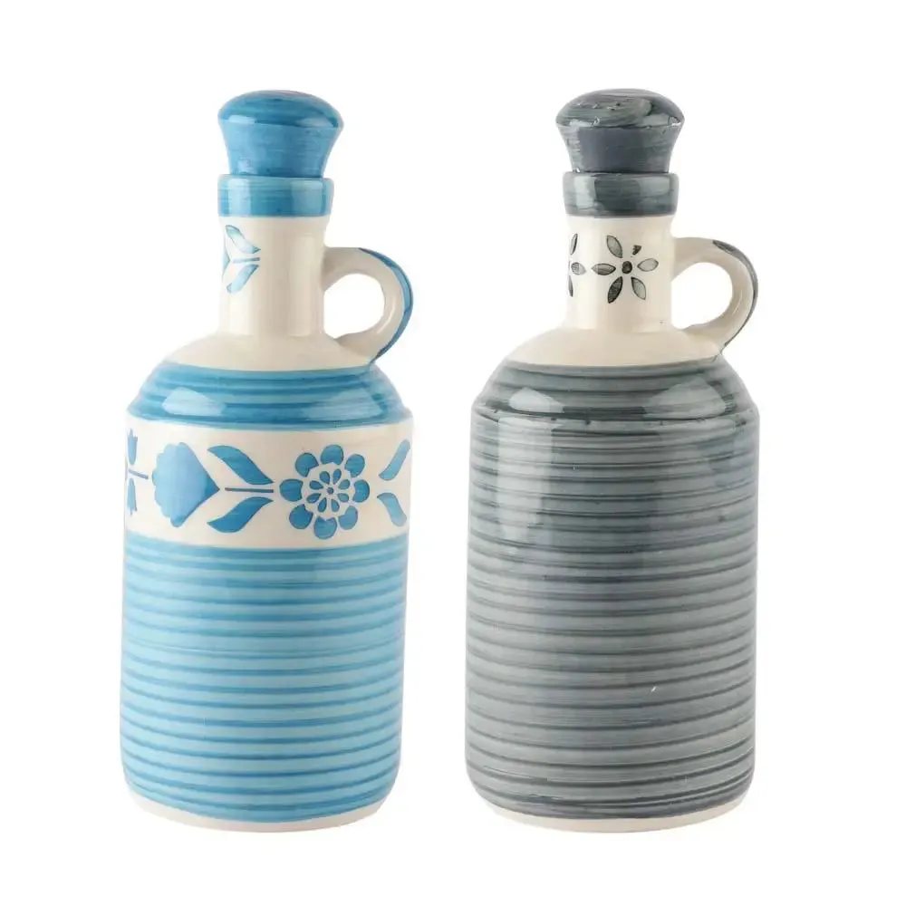 Blue & Grey Floral Handpainted Ceramic Oil Dispenser Set Of 2